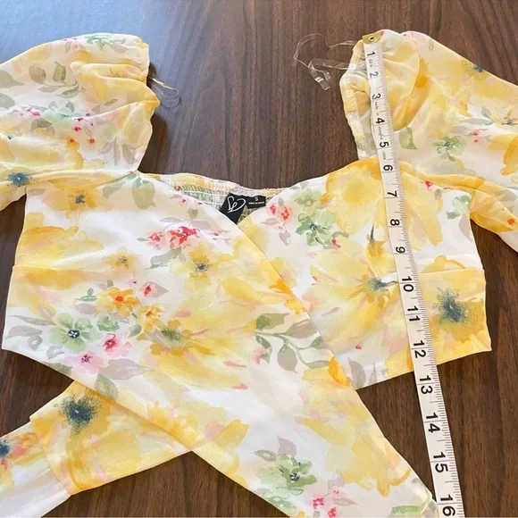 Sheer Floral Bloom Chiffon Crop Top Y2K True Wrap Yellow Romantic Milkmaid - Picture 7 of 10